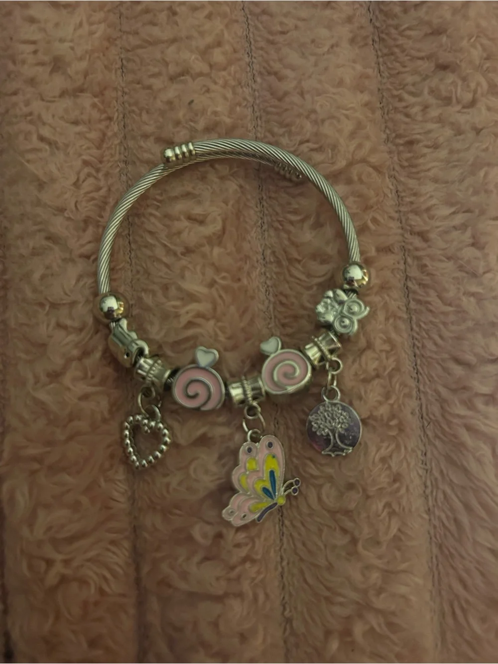 Silver-Tone Bracelet with Pink Swirl Beads and Butterfly Charm